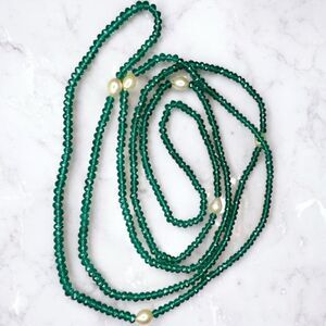 Flapper Length 56” Emerald Green Genuine Faceted Beads Necklace Genuine Pearls